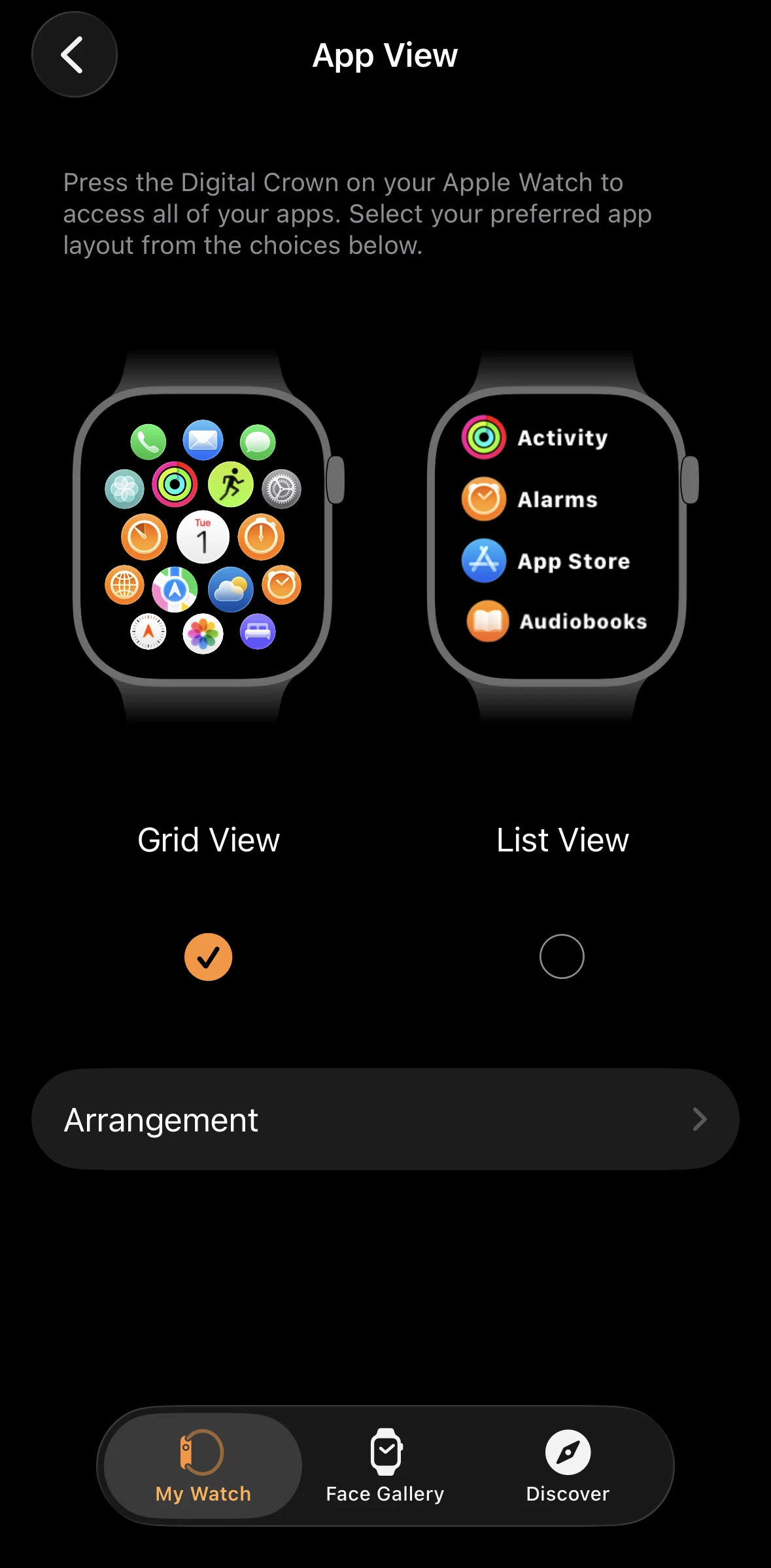 Apple Watch Screen screen in the Reordering apps arrangement flow