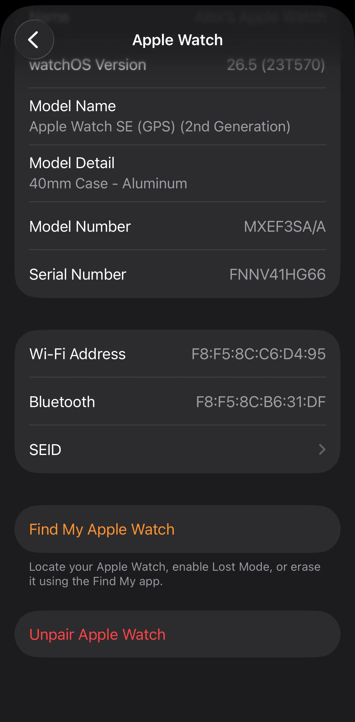 Apple Watch Screen screen in the Unpairing an apple watch flow