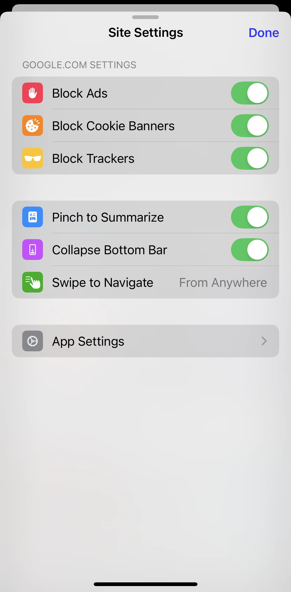 Arc Search Screen screen in the App settings flow