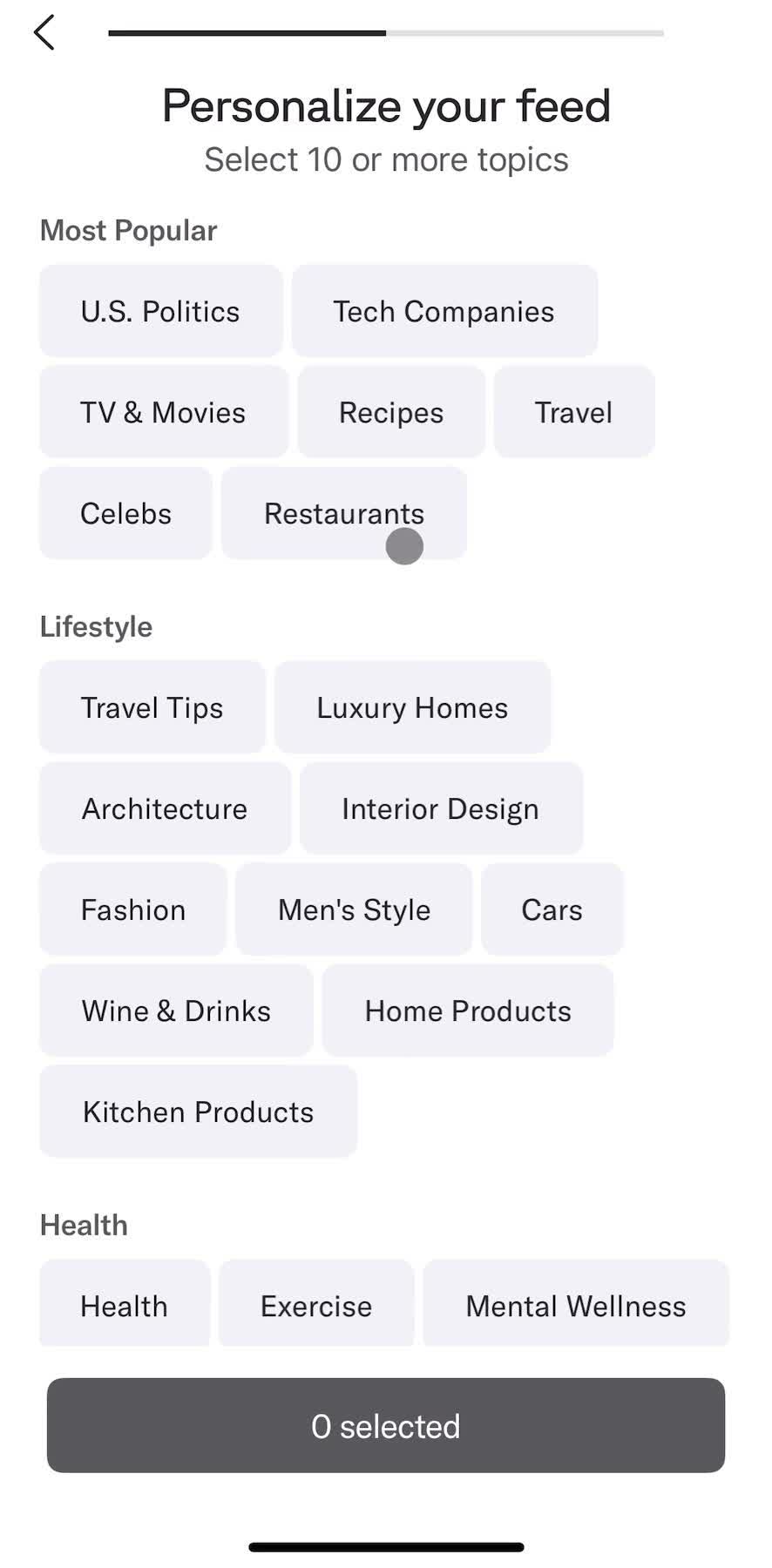 Artifact Select interests screen in the Onboarding flow
