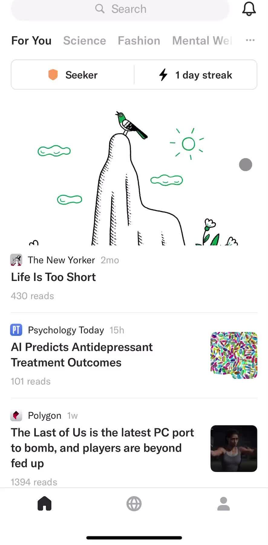 Artifact Home screen in the Reading flow