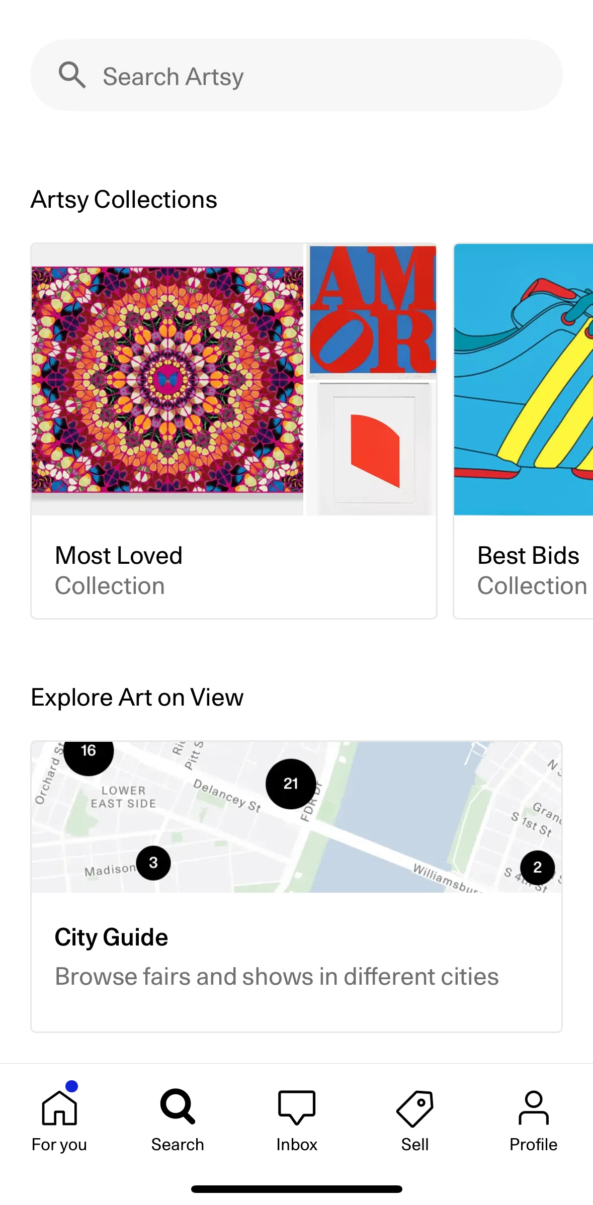 Artsy Screen screen in the City guide flow