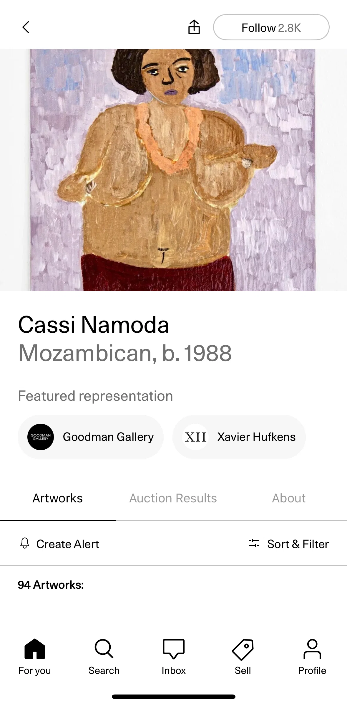 Artsy Screen screen in the Following an artist flow