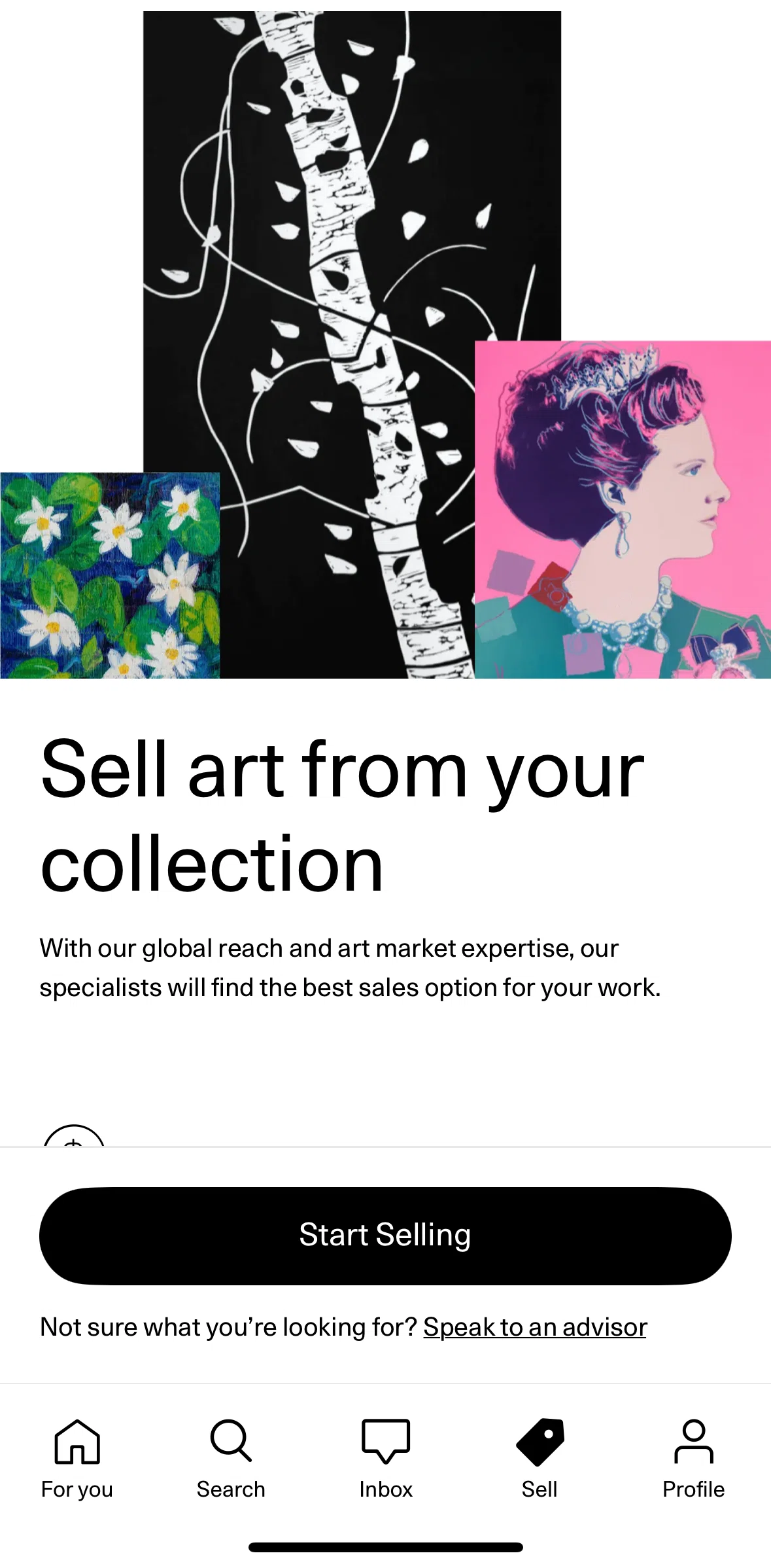 Artsy Screen screen in the Selling an artwork flow