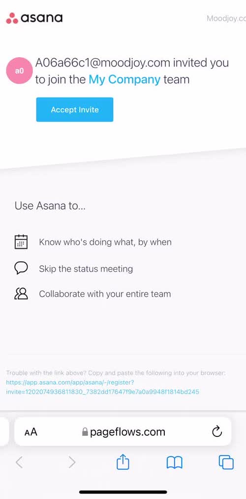 Asana Invite email screen in the Accepting An Invite flow
