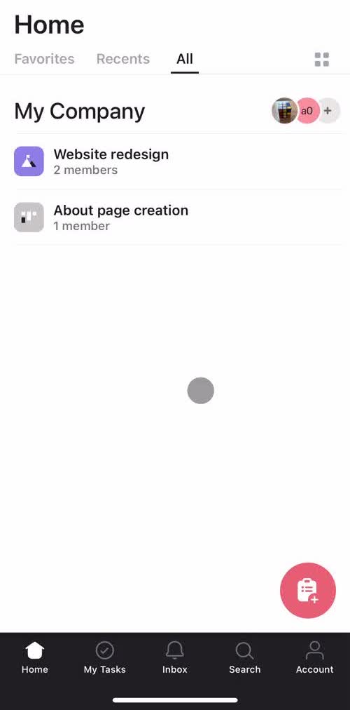 Asana Home screen in the Chat flow