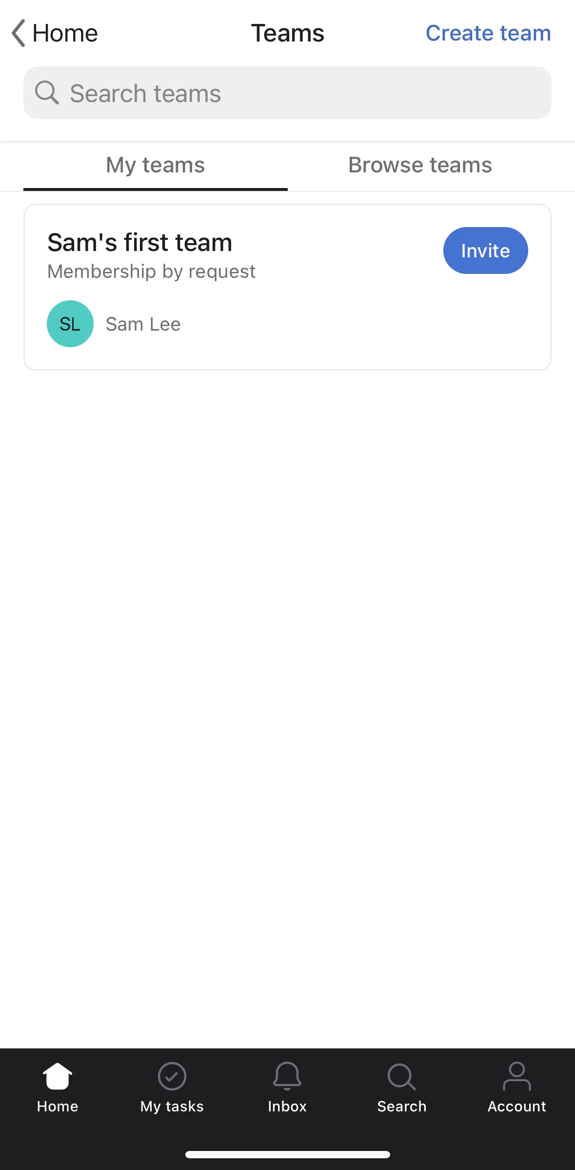 Asana Screen 1 screen in the Creating a team flow
