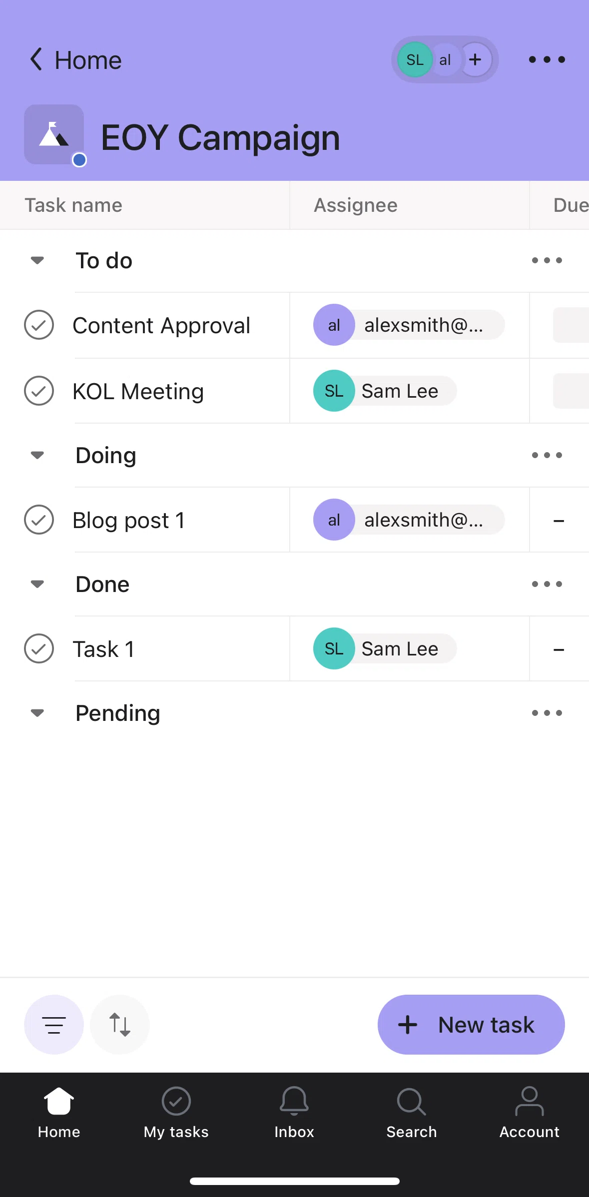 Asana Screen 1 screen in the Editing section name flow