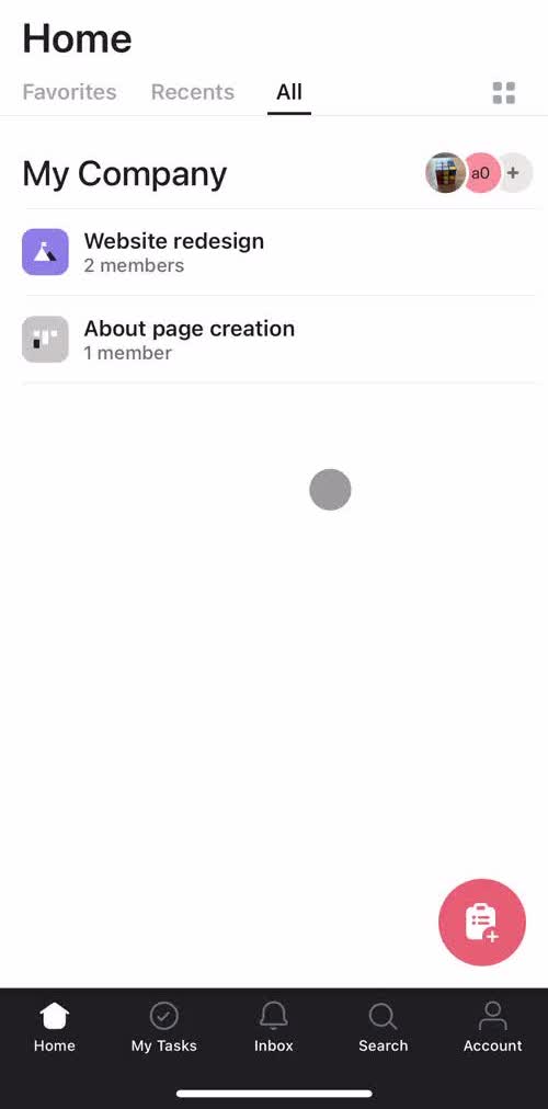 Asana Home screen in the General Browsing flow