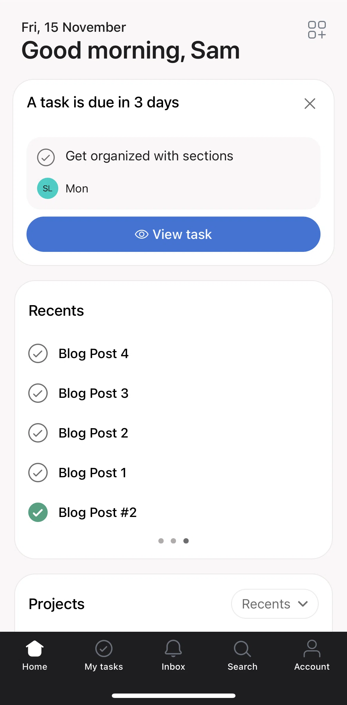 Asana Screen 1 screen in the My tasks flow