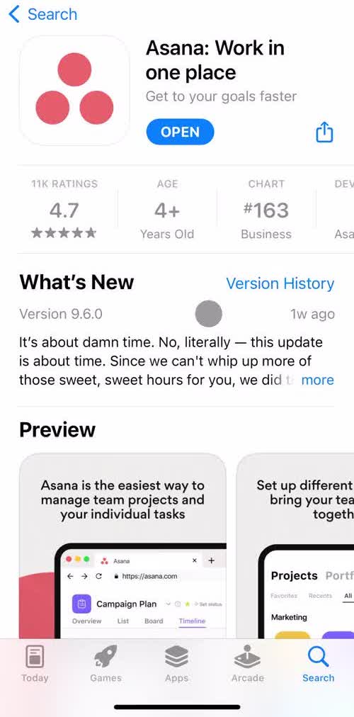 Asana App store listing screen in the Onboarding flow