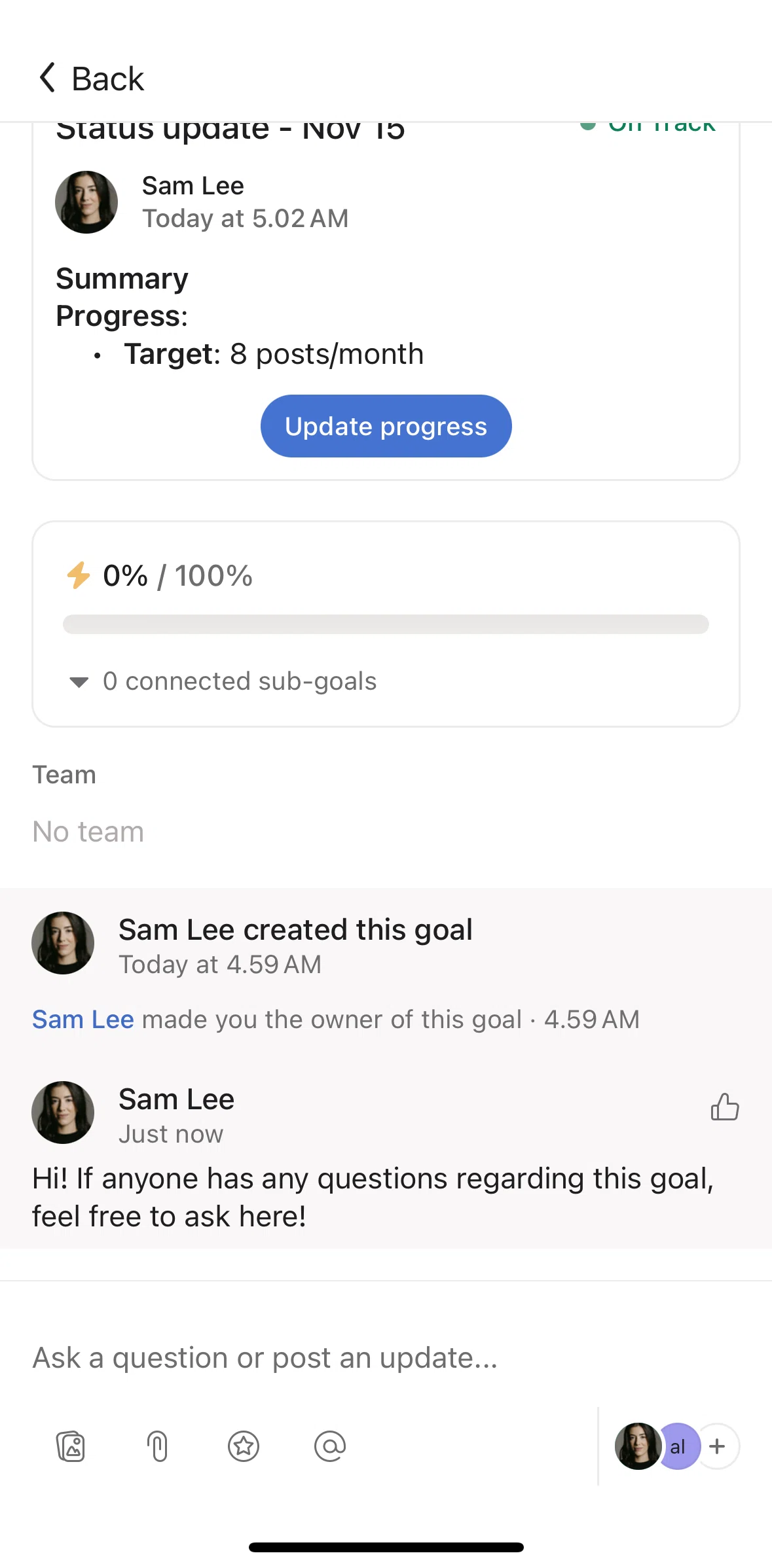 Asana Screen 1 screen in the Pinning to top flow