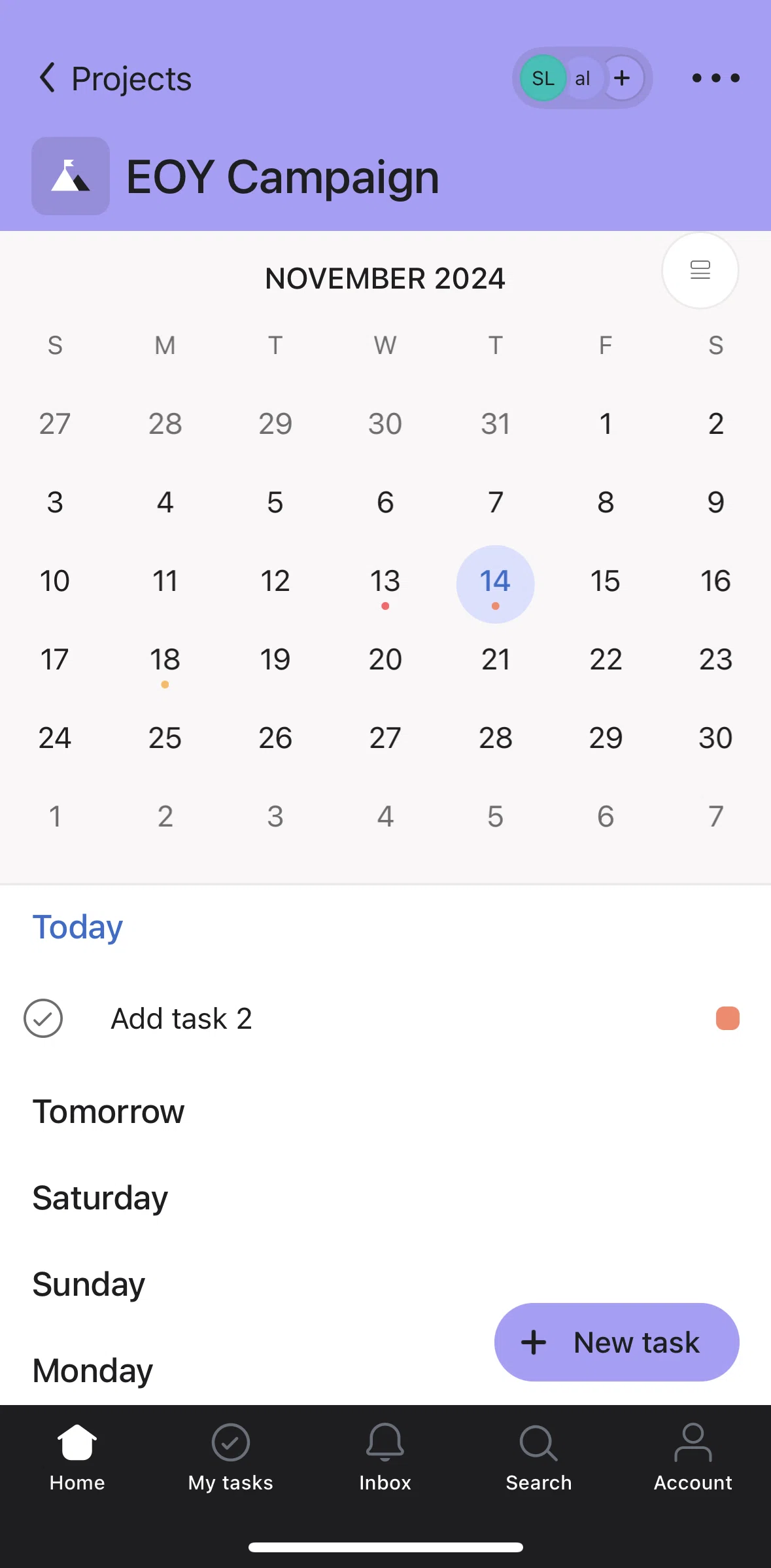 Asana Screen 1 screen in the Project options flow