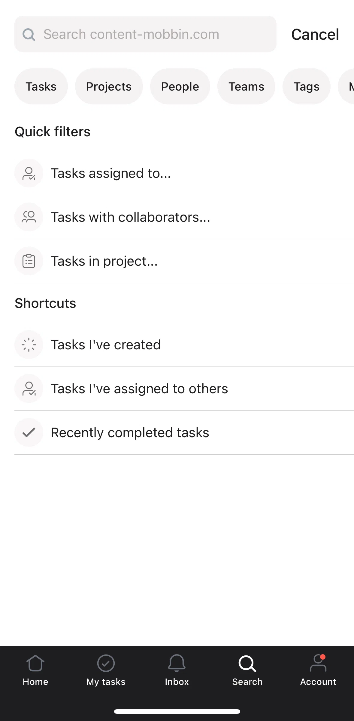 Asana Screen 1 screen in the Quick filtering search flow