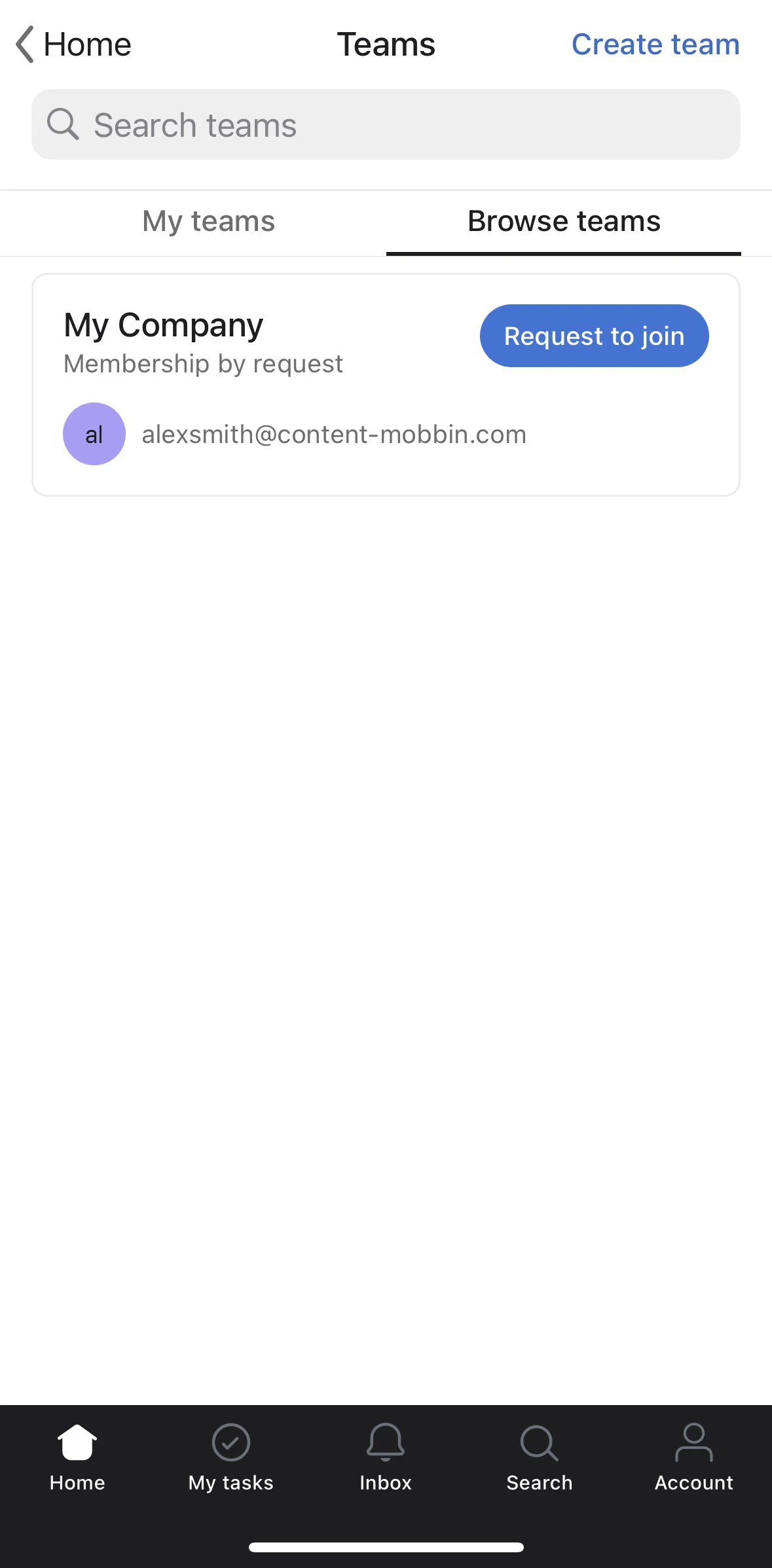 Asana Screen 1 screen in the Requesting to join a team flow
