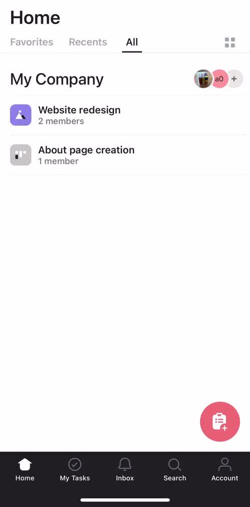 Asana Home screen in the Searching flow