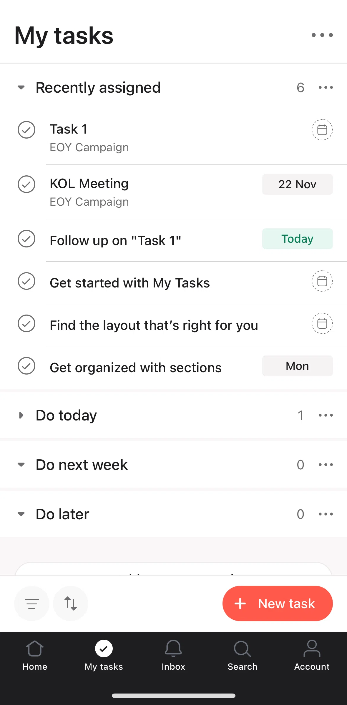 Asana Screen 1 screen in the Setting task status flow