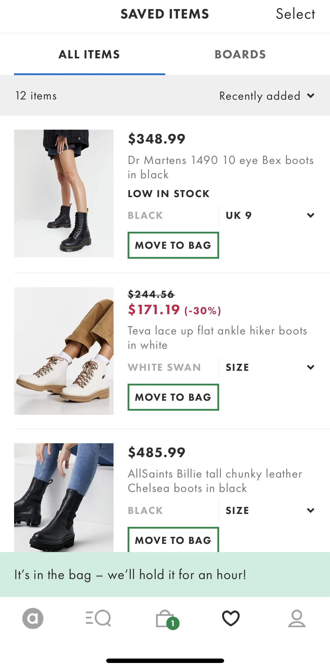 Asos Screen screen in the Adding saved items to board flow