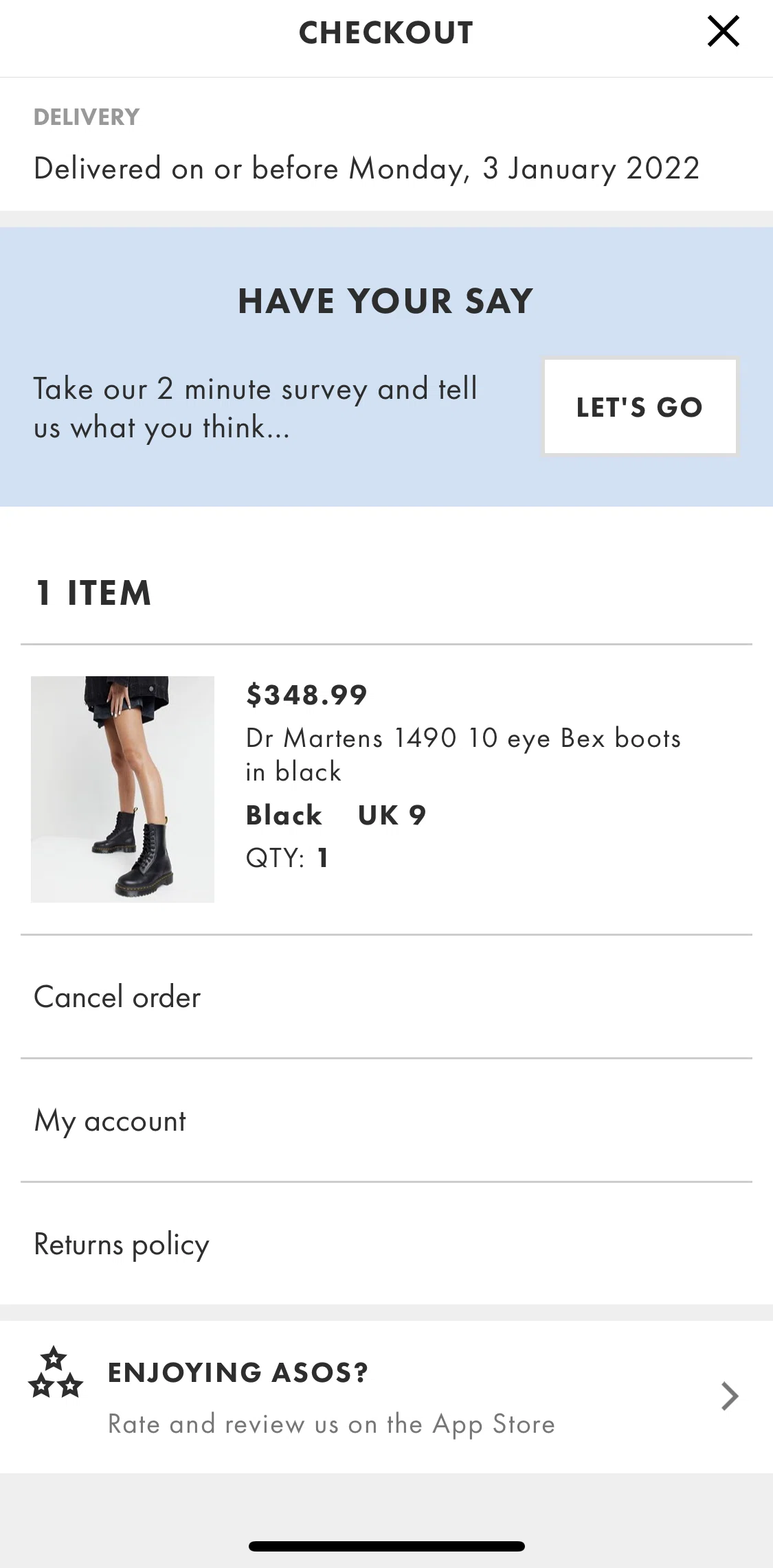 Asos Screen screen in the Cancelling an order flow