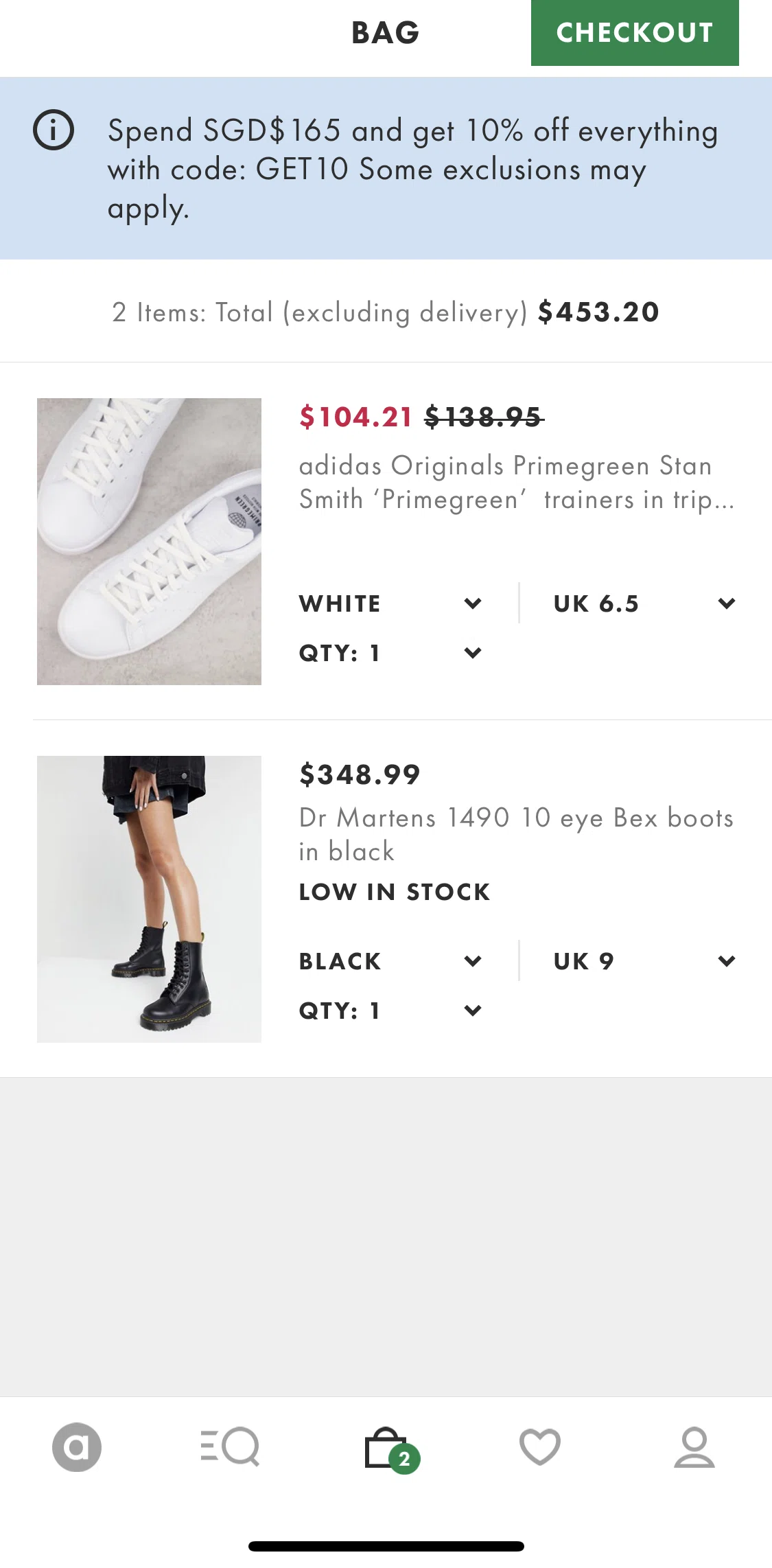 Asos Screen screen in the Checking out flow