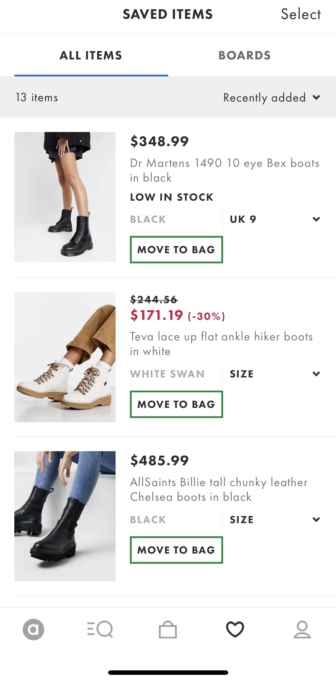 Asos Screen screen in the Saved items flow