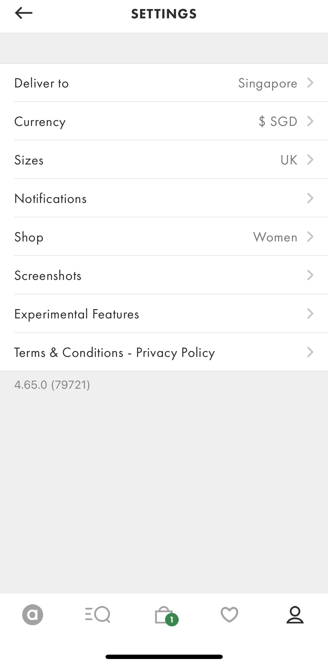 Asos Screen screen in the Settings flow