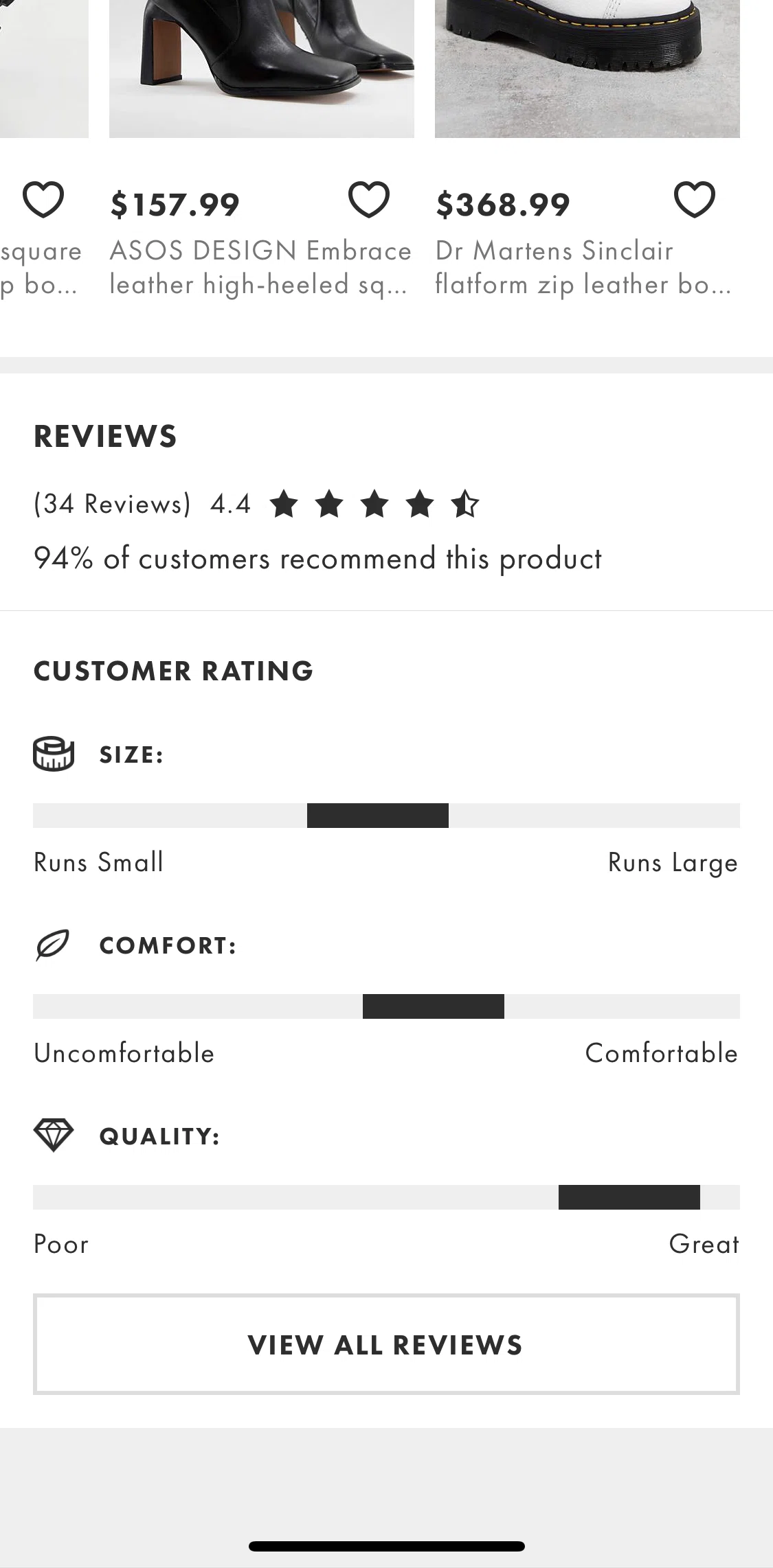 Asos Screen screen in the View all reviews flow