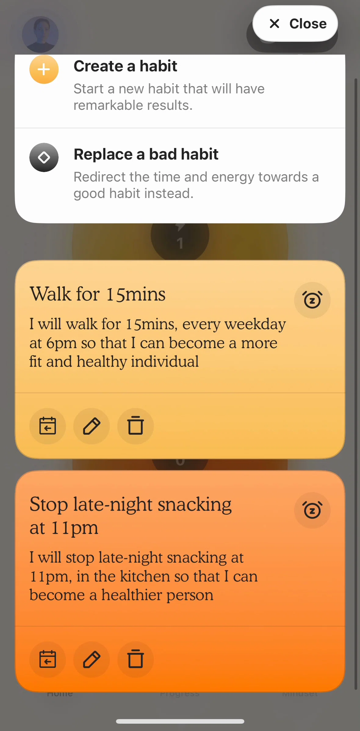 Atoms Screen screen in the Deleting a habit flow
