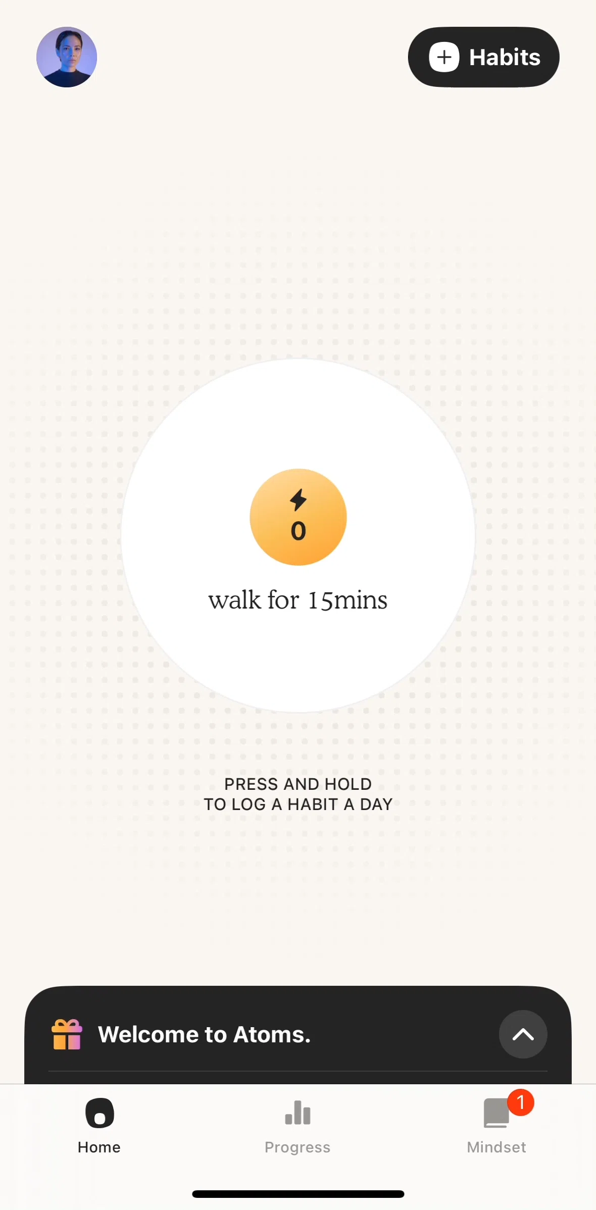 Atoms Screen screen in the Logging a habit flow