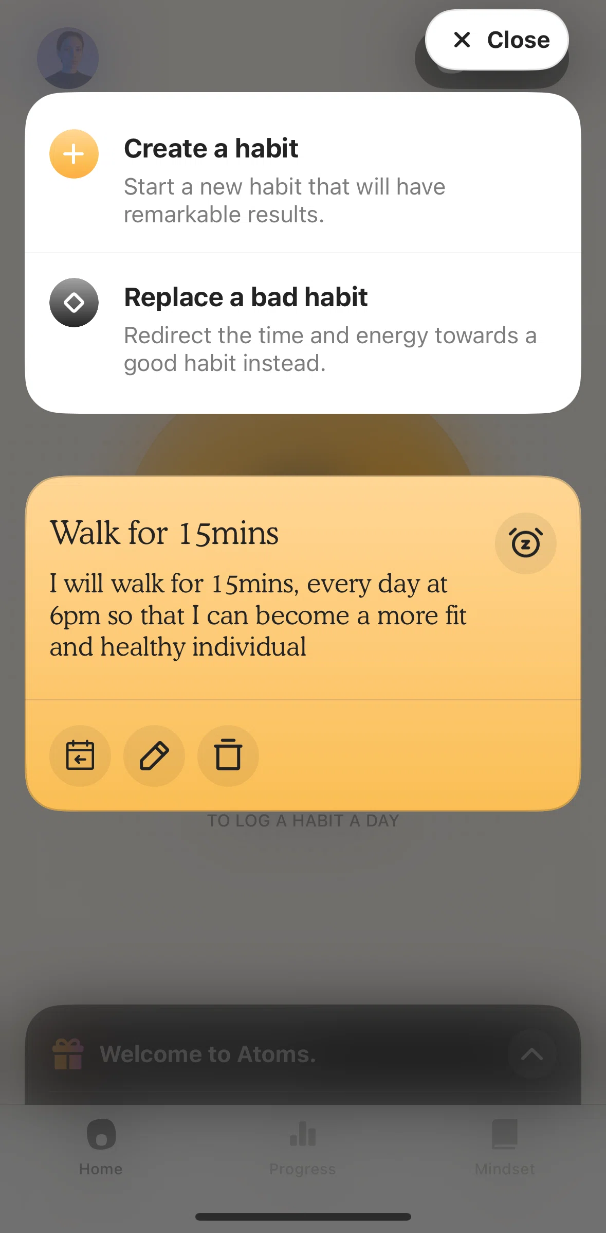 Atoms Screen screen in the Logging previous day flow