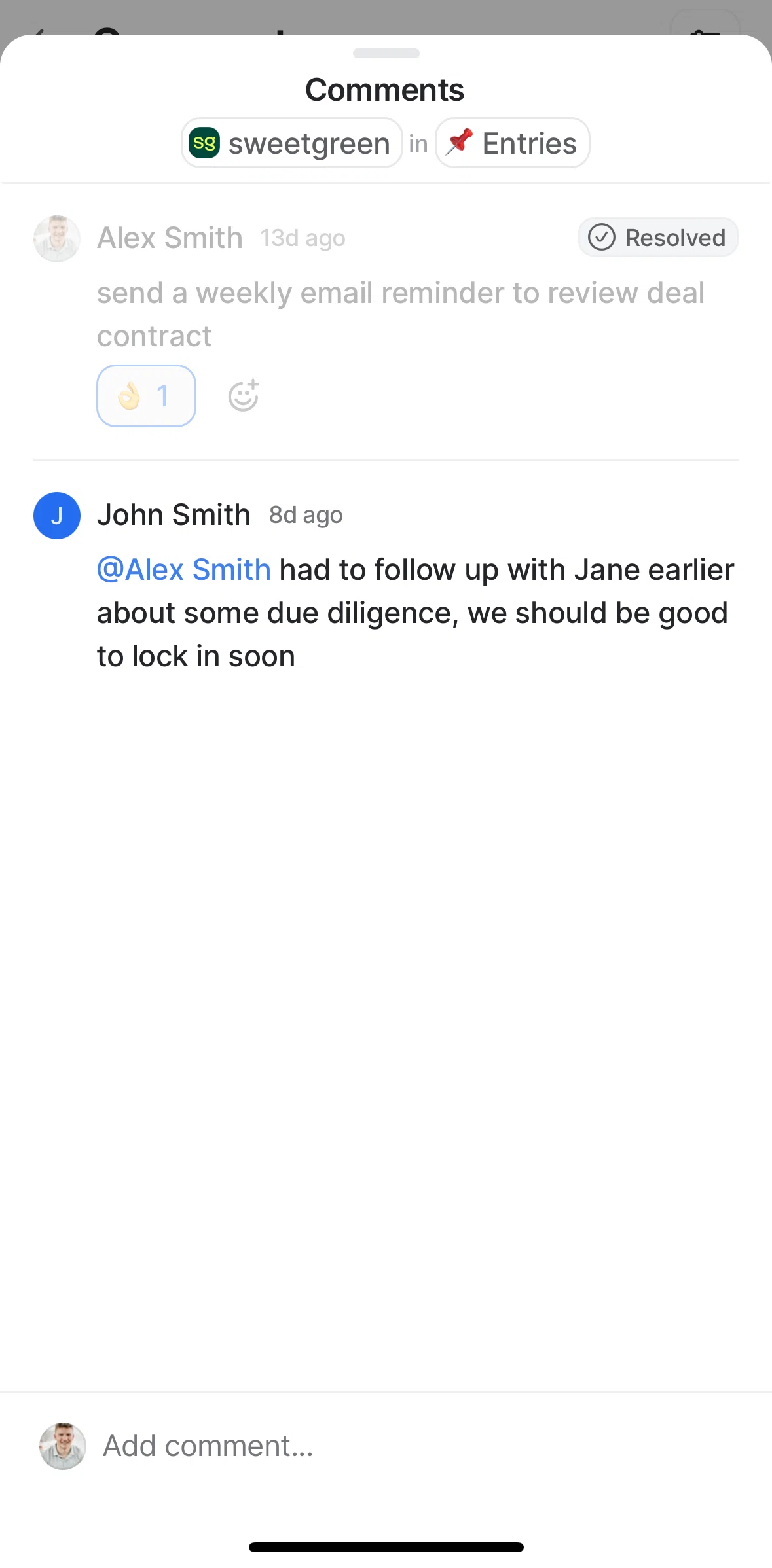 Attio Screen screen in the Adding a comment flow