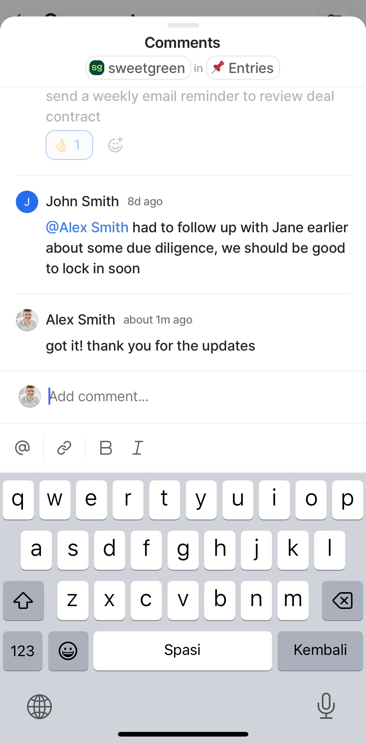 Attio Screen screen in the Resolving a comment flow