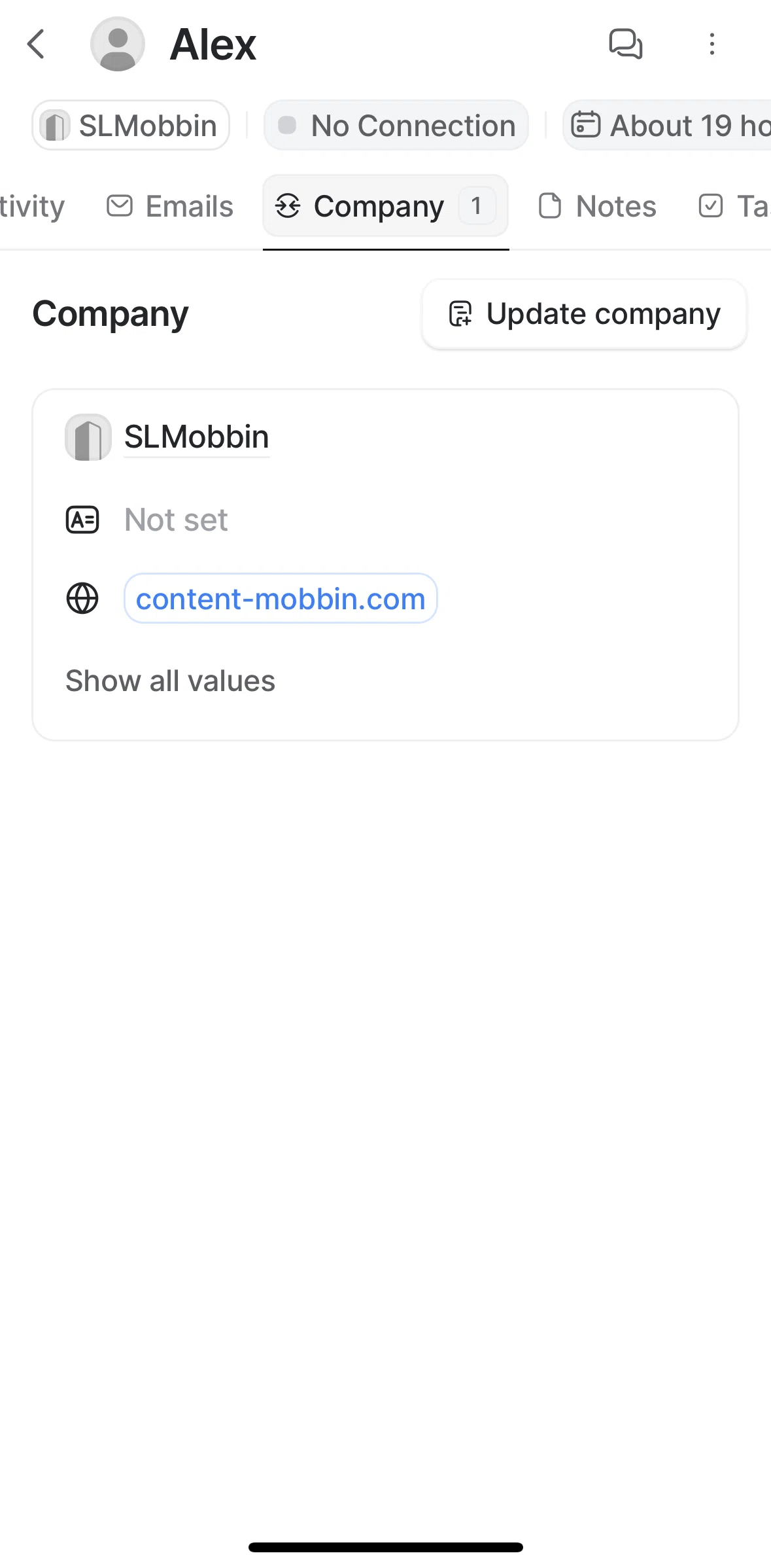 Attio Screen screen in the Updating company flow