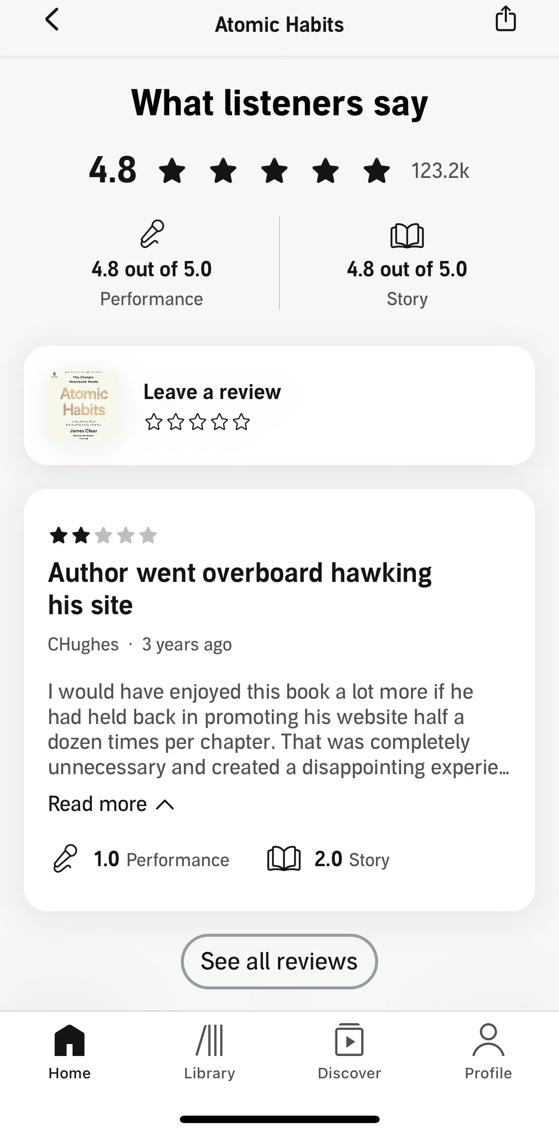 Audible Screen screen in the Audiobook reviews flow