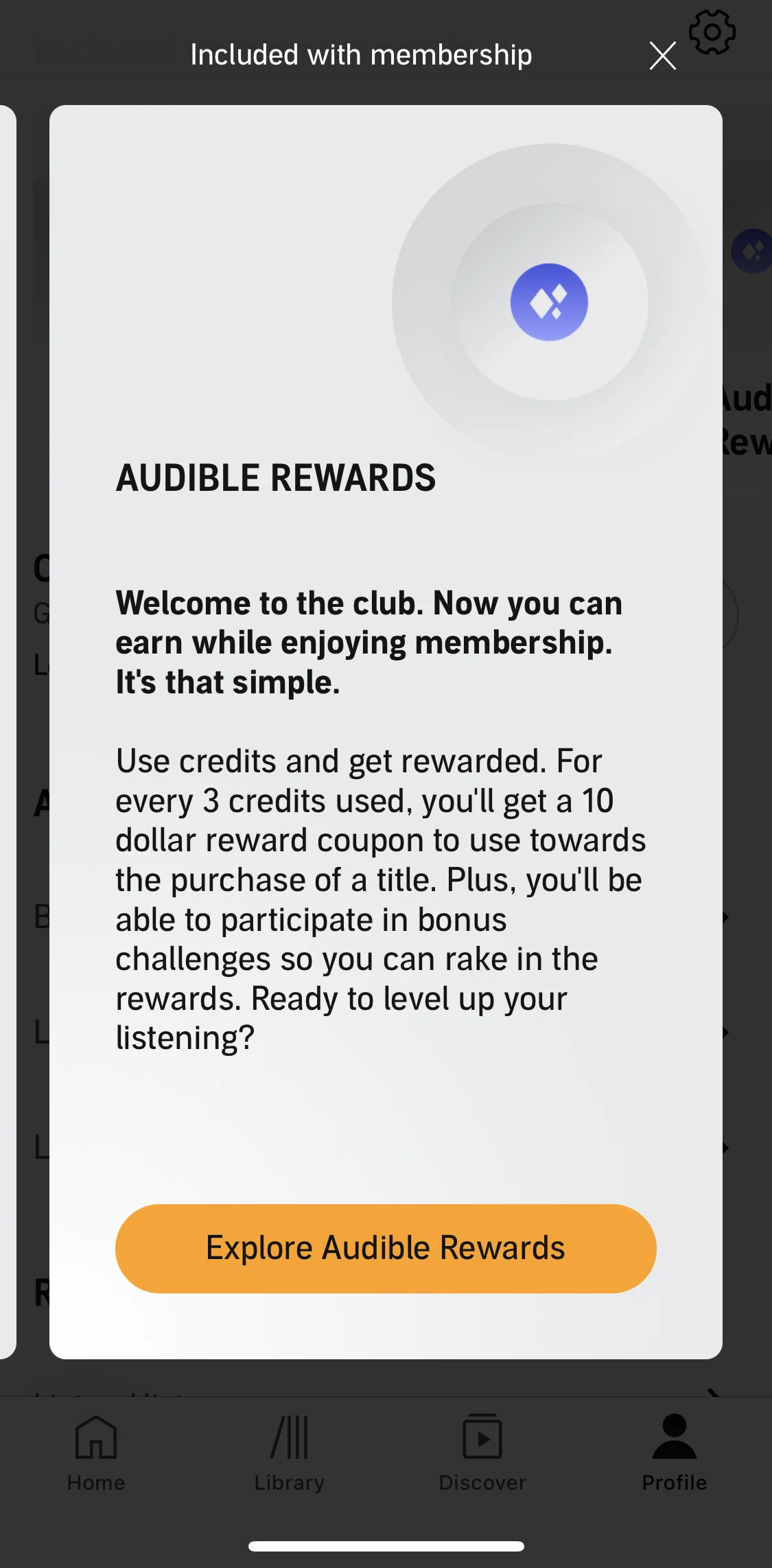 Audible Screen screen in the Explore Audible rewards flow