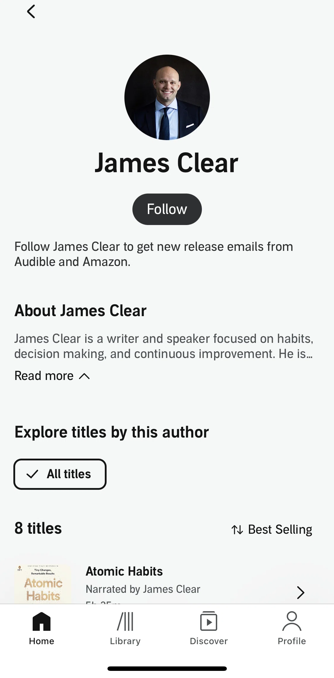 Audible Screen screen in the Following an author flow