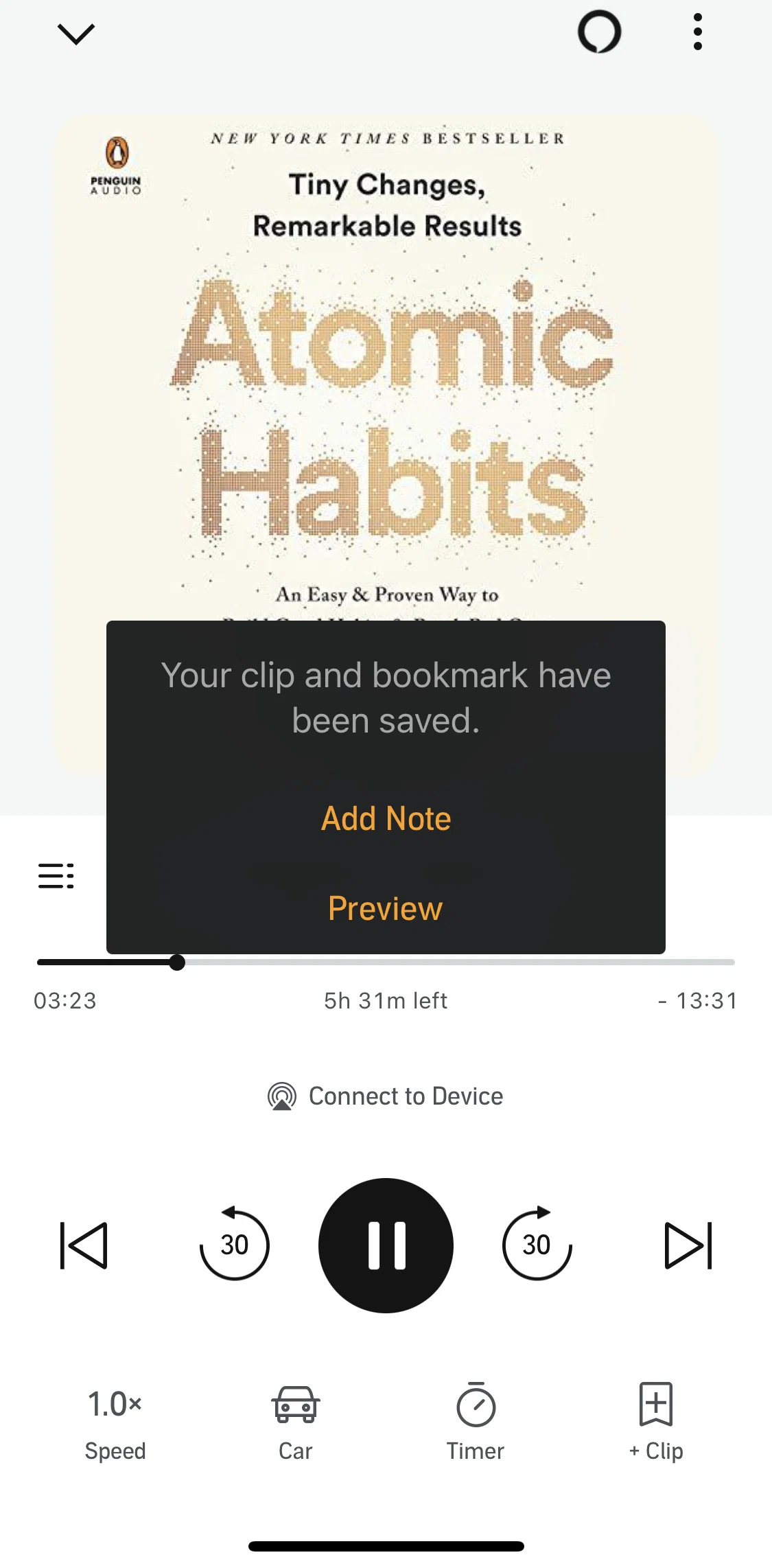 Audible Screen screen in the Previewing a bookmark clip flow