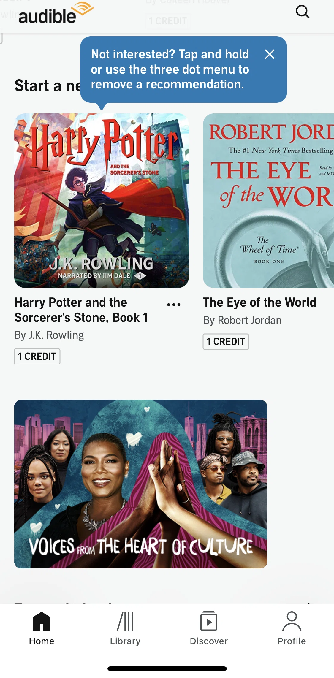 Audible Screen screen in the Removing a recommendation flow