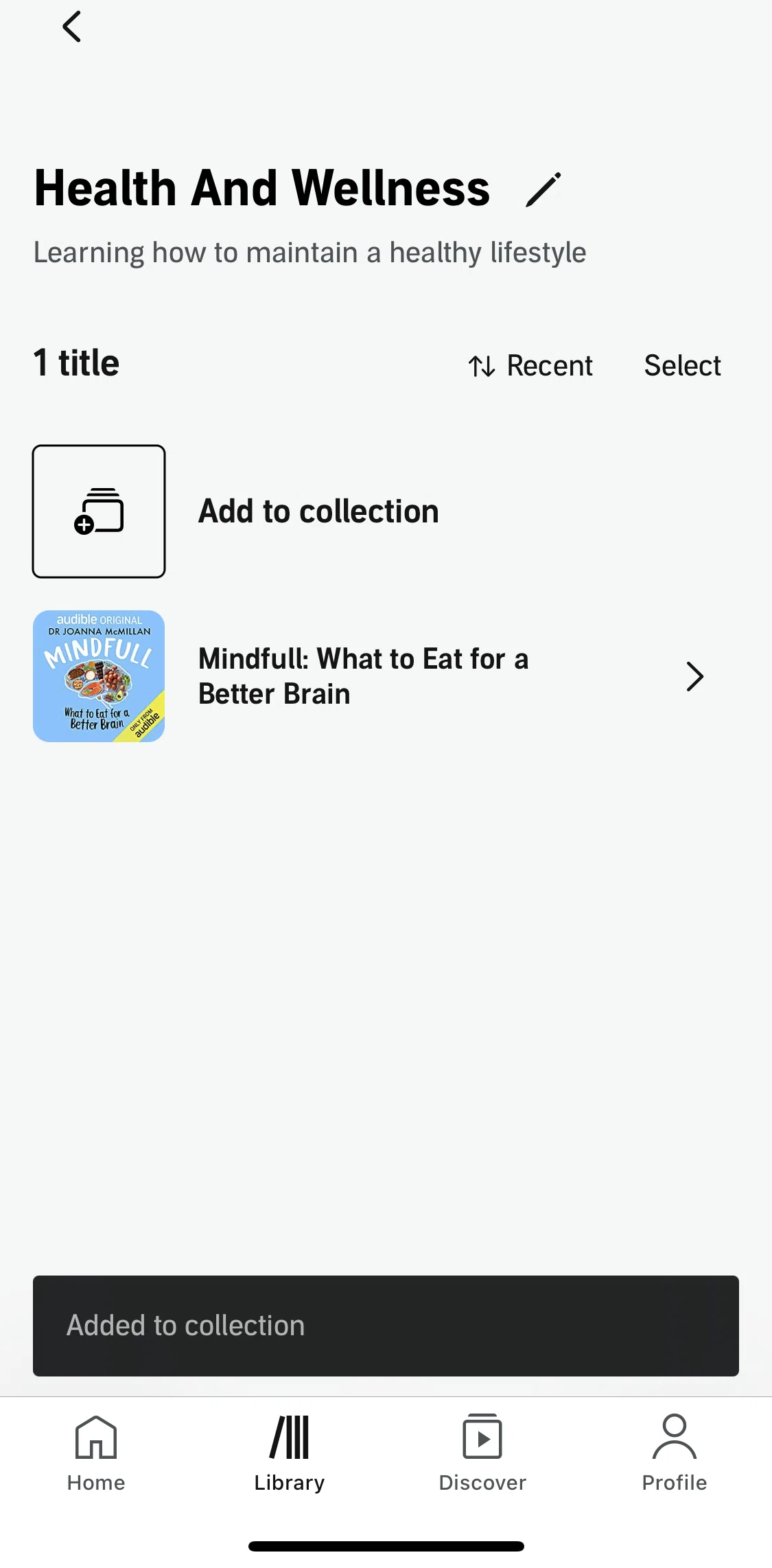 Audible Screen screen in the Removing a title from a collection flow