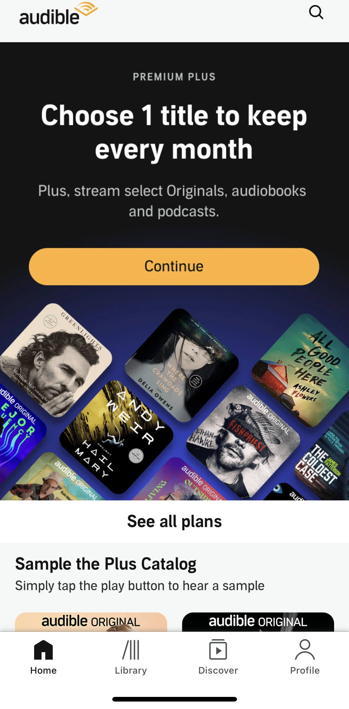 Audible Screen screen in the Subscribing to Premium Plus flow