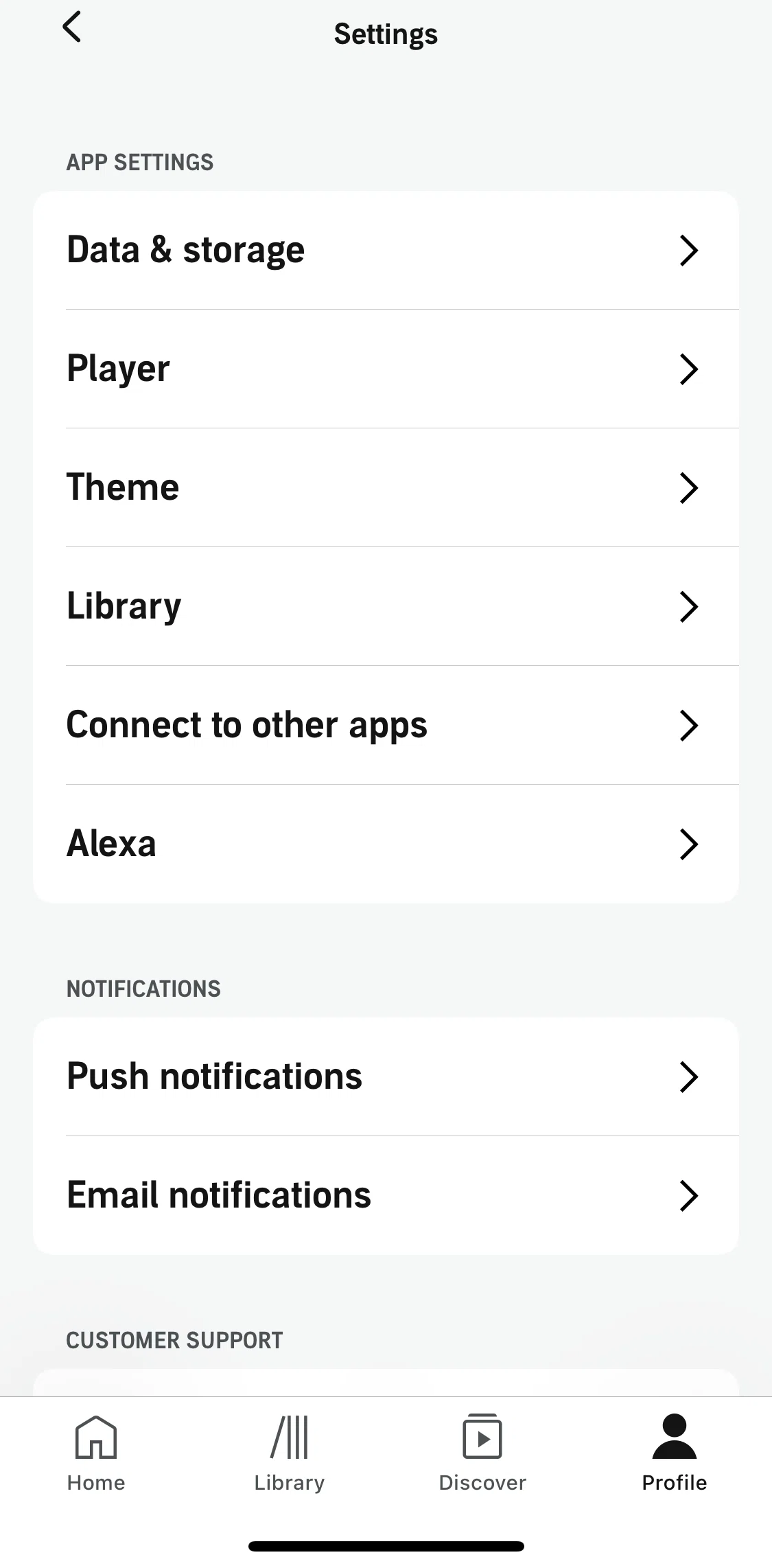 Audible Screen screen in the Updating data and storage settings flow