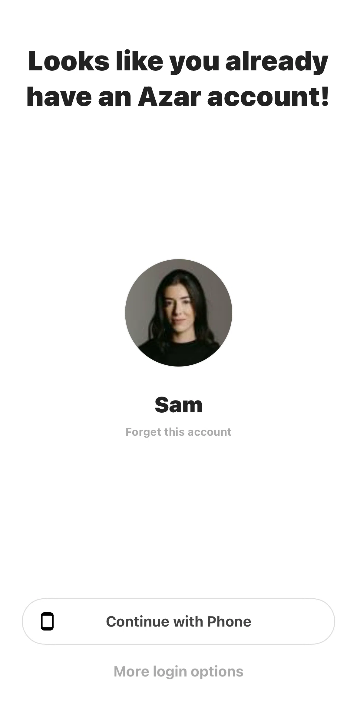 Azar Screen screen in the Logging in flow
