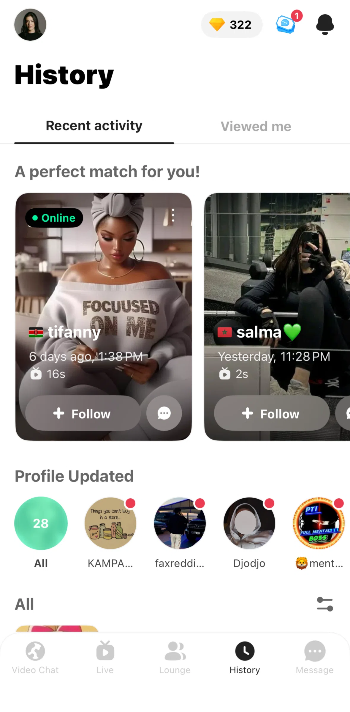 Azar Screen screen in the Recent activity flow