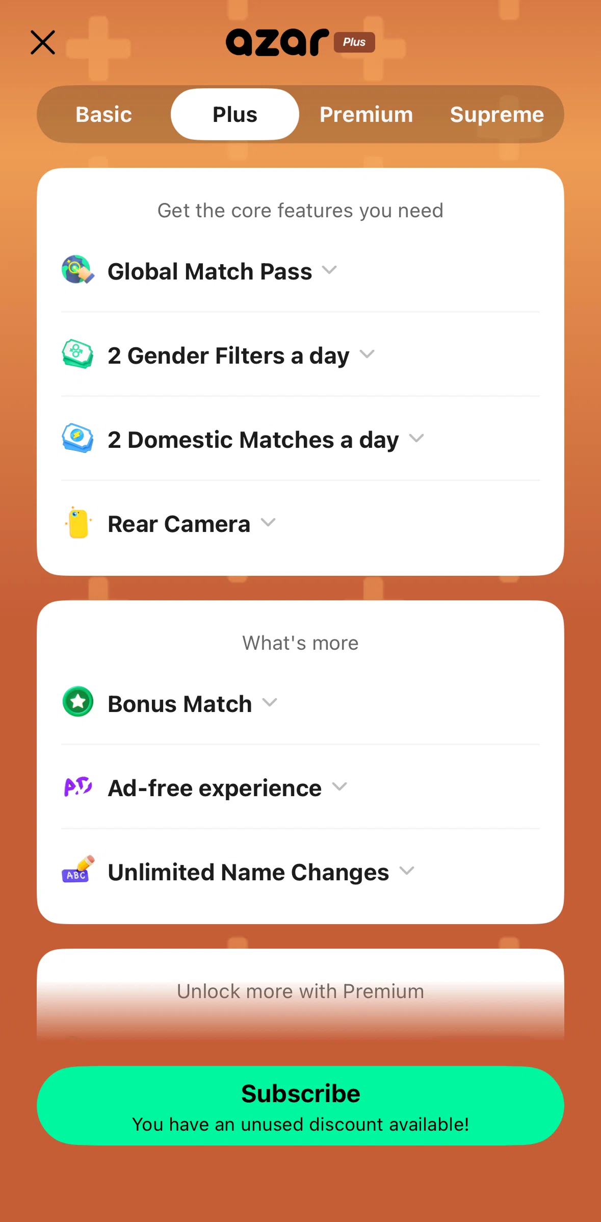 Azar Screen screen in the Subscribing to Azar Plus flow