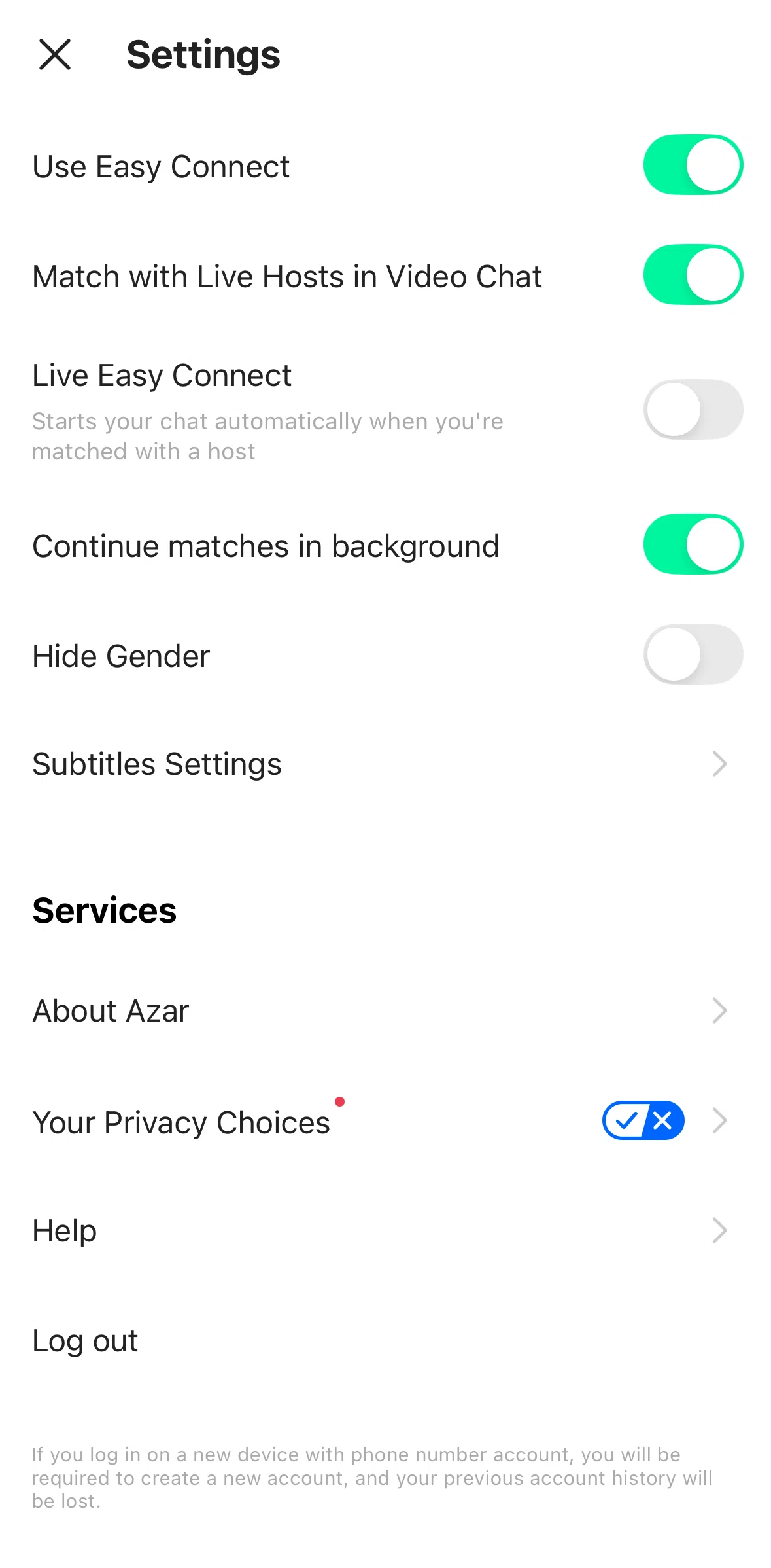 Azar Screen screen in the Turning off Easy Connect flow