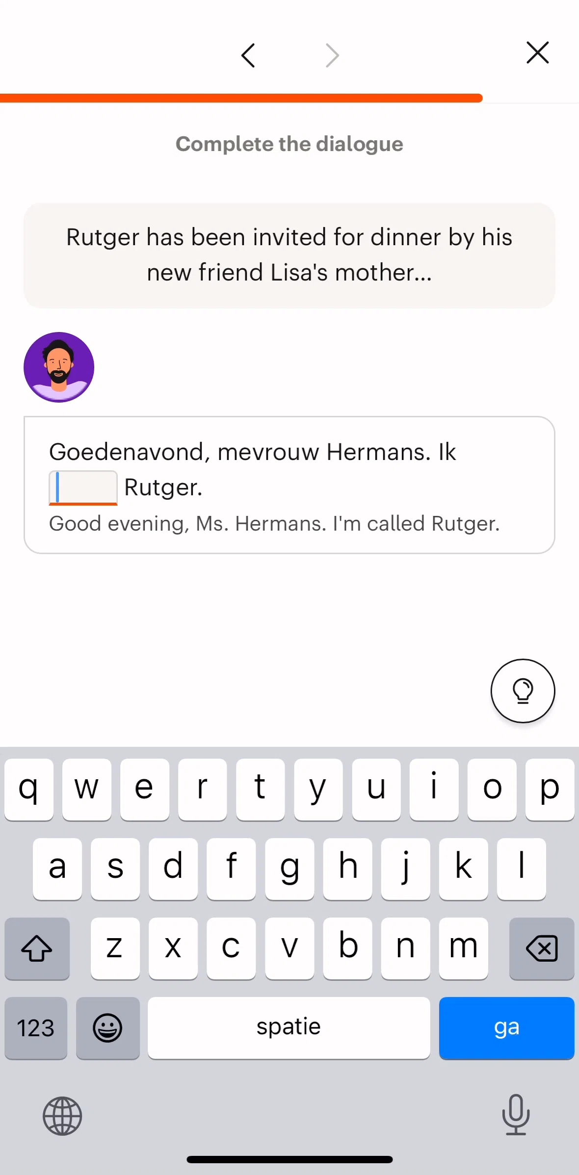 Babbel Screen screen in the Starting a lesson (text input) flow