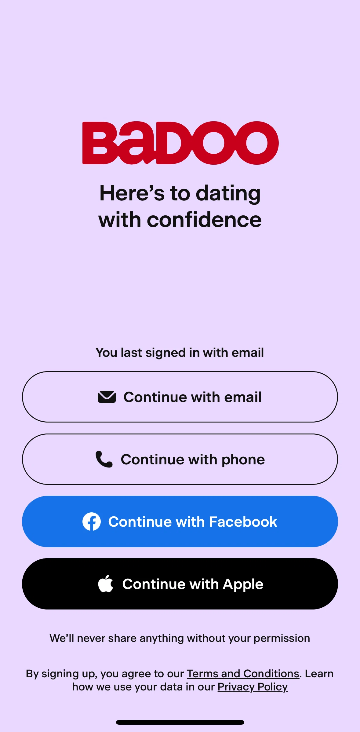 Badoo Screen screen in the Logging in flow