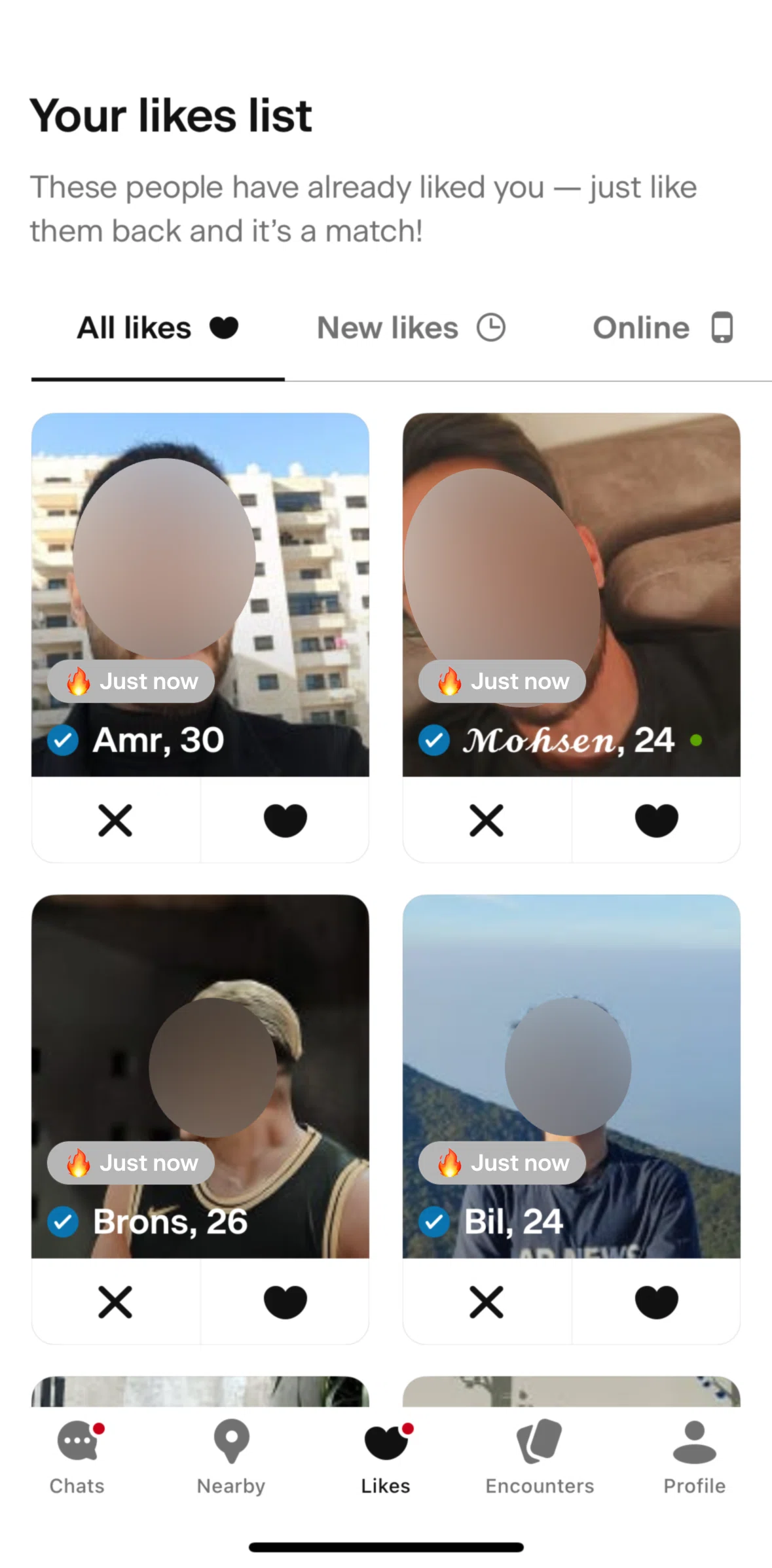 Badoo Screen screen in the Reviewing likes flow