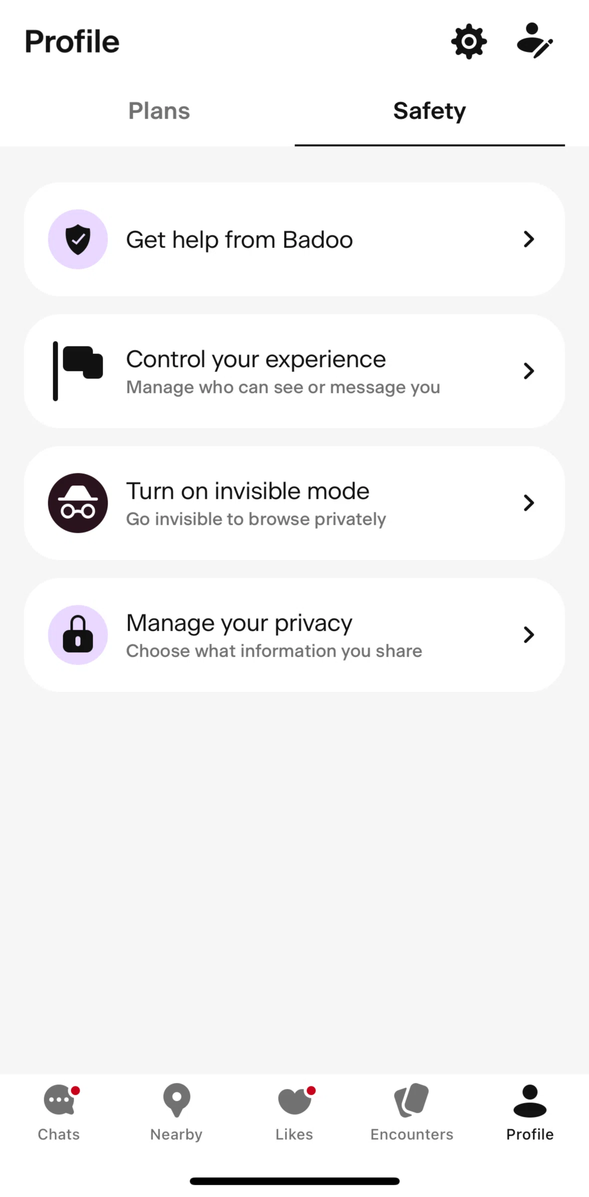 Badoo Screen screen in the Updating experience settings flow
