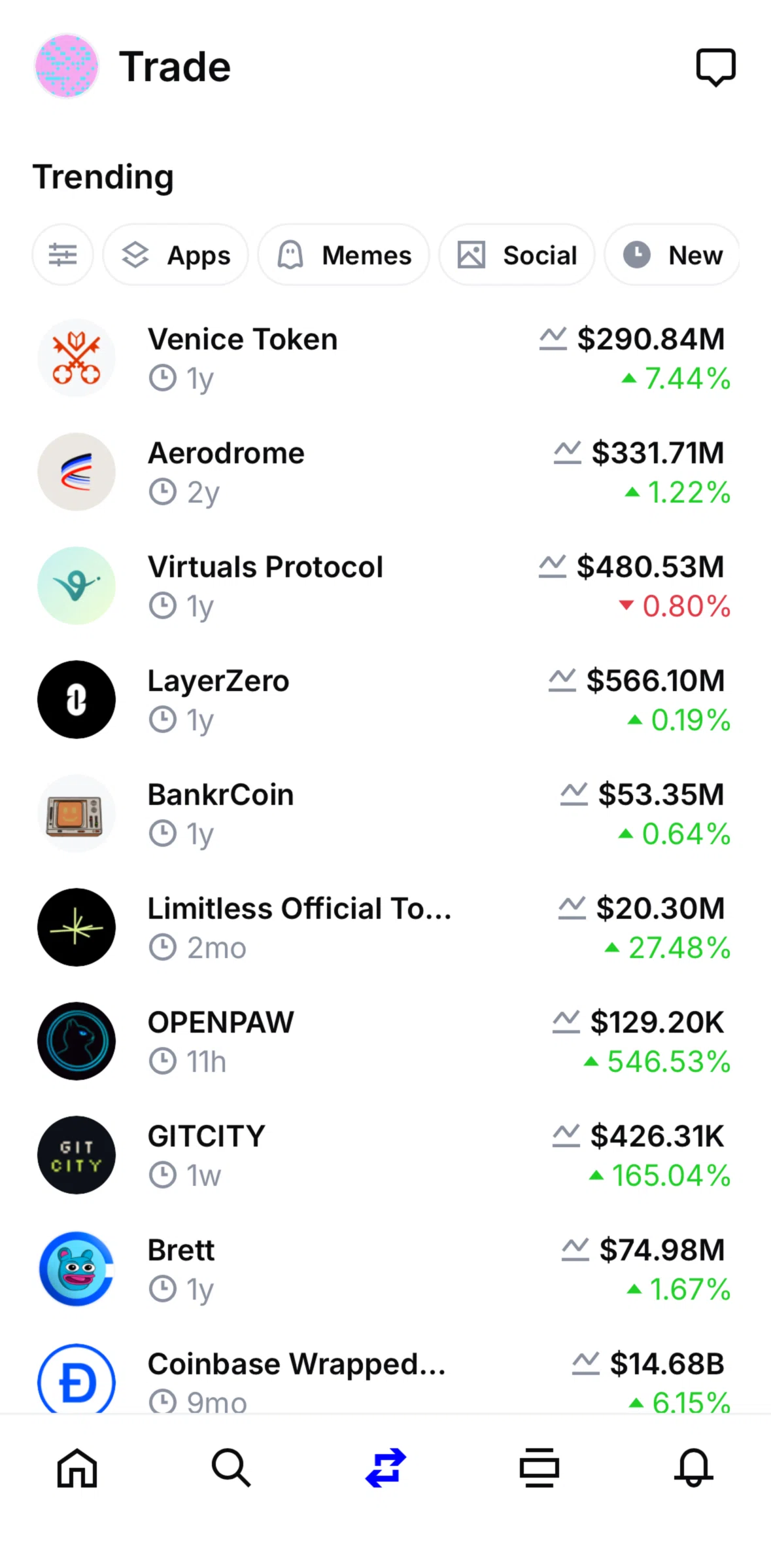 Base Screen screen in the Filtering coins (Trade) flow